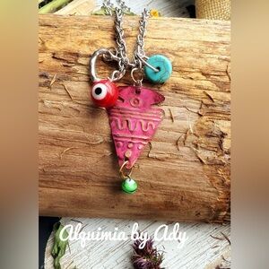 BIG RED SARDINE FISH TURQUOISE CHARMS STATEMENT NECKLACE
